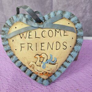 Vintage Hand Painted Blue Heart Duck Welcome Friends Blue Bow Wall Hanging